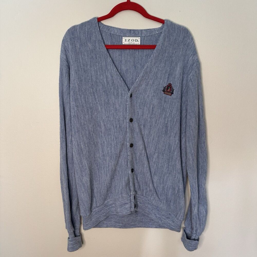 Vintage Izod Crest Blue Cardigan Sweater Made In USA Crest Logo Mens Large